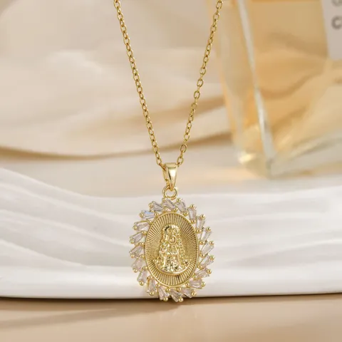 Religieuze Maagd Maria Hanger Halsketting Koper Zirconia Ingelegd Verguld Ovaal Medaillon Sleutelbeen Ketting Sieraden Vrouwen