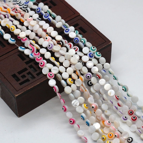Natural Shell Evil Eye Beads Round Flat Enamel Nazar Disc Beads DIY Jewelry Making Bracelet Necklace Accessories 6mm-9mm