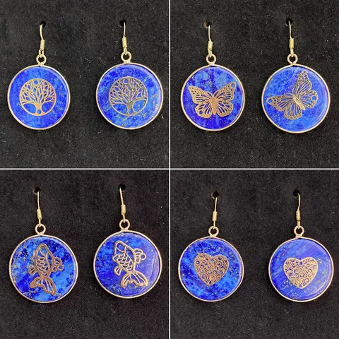 Bohemian Natural Lapis Lazuli Round Dangle Earrings For Women Gold Plated Alloy Hollow Mandala Bee Starfish Greek Key Pattern Jewelry Gift