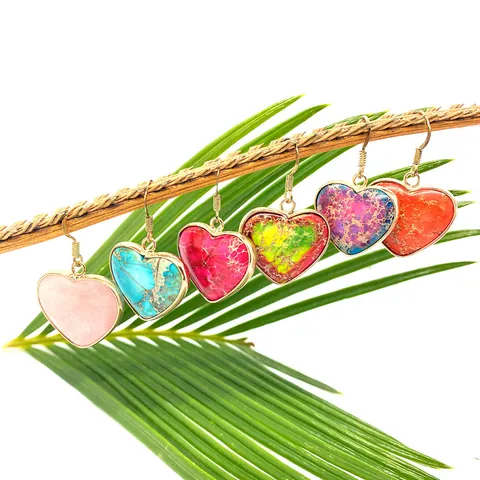 Bohemian Natural Stone Turquoise Heart Shaped Drop Earrings Gold Plated Alloy Bezel Wrapped Dangle Earrings For Women Jewelry Gift