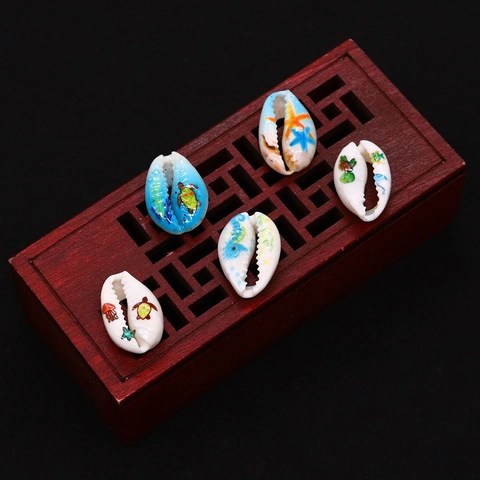 Natural Cowrie Shell Beads With Marine Animal Sea Turtle Seahorse Pattern Printed Loose Beads For DIY Jewelry Making Necklaces