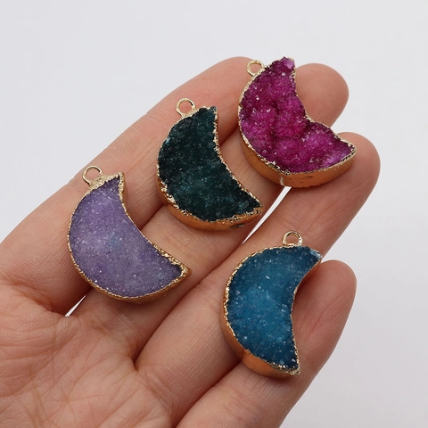 Natural Stone Druzy Quartz Crescent Moon Pendant With Gold Plated Copper Edging Pendant Only Without Chain For Jewelry Making