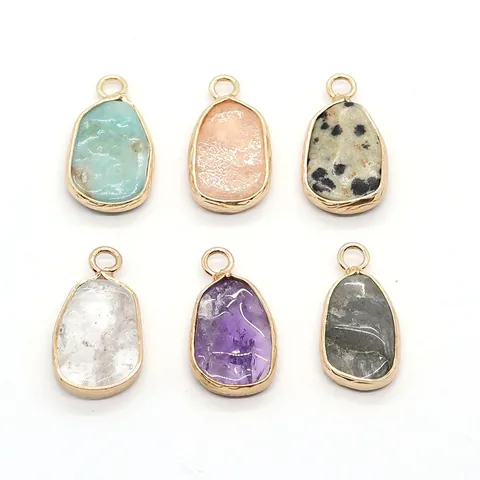 Irregular Natural Stone Dalmatian Jasper Rose Quartz Amethyst Pendants With Gold Metal Edge DIY Jewelry Making Charms Accessory