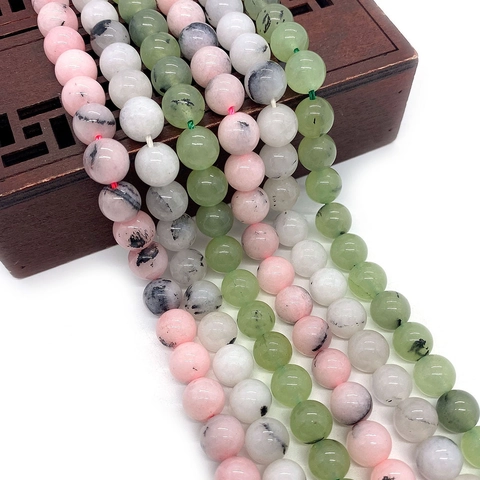 Natural Stone Round Beads Prehnite Pink Opal Black Rutilated Quartz Loose Beads For DIY Jewelry Making Necklace Bracelet Accessory