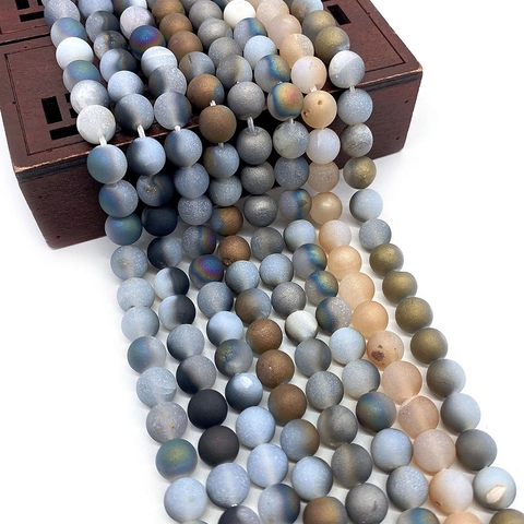 Natural Stone Round Beads Electroplated Agate Loose Beads For DIY Jewelry Making Matte Frosted Rainbow Coating Beads