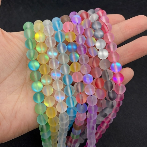 Round Matte Aurora Synthetic Moonstone Loose Beads Frosted Mermaid Iridescent Stone Beads For DIY Jewelry Making Accessory