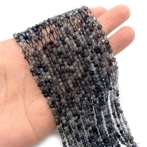 Natural Black Rutilated Quartz Faceted Loose Beads Round Sphere Beads For DIY Bracelet Necklace Jewelry Making 2mm 3mm 4mm