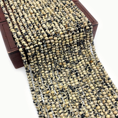 Natural Dalmatian Jasper Stone Beads Faceted Round Oblate Loose Beads For DIY Jewelry Making Spotted Gemstone Strand