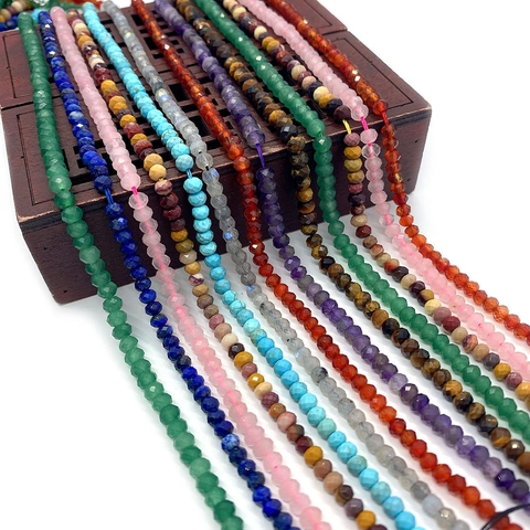 Natural Stone Faceted Round Flat Loose Beads For DIY Jewelry Making Amethyst Rose Quartz Tiger Eye Lapis Strand