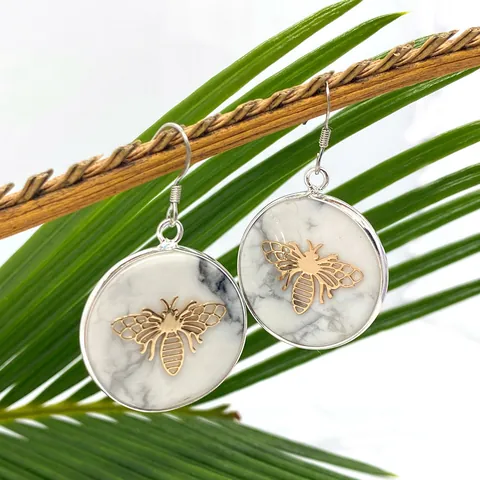 Orecchini a Goccia Rotondi in Turchese Bianco Naturale Con Perno in Argento Sterling 925 Lega Vintage Oro Ape Farfalla Albero della Vita Donna Gioielli