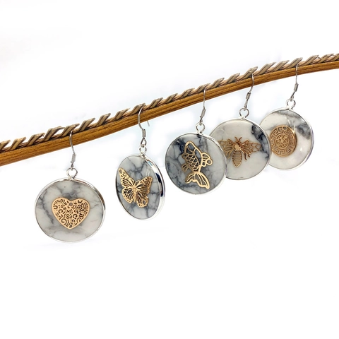 Orecchini a Goccia Rotondi in Turchese Bianco Naturale Con Perno in Argento Sterling 925 Lega Vintage Oro Ape Farfalla Albero della Vita Donna Gioielli