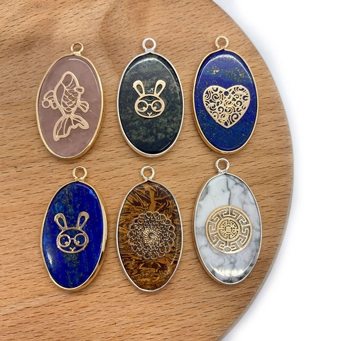 Natuursteen Ovaal Hanger Met Goud Patch Hol Konijn Hart Vis Bloem Ingevat Charms Voor DIY Sieraden Maken