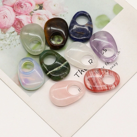 Natural Stone Oval Pendants Large Hole Moss Agate Tiger Eye Amethyst Rose Quartz Polished Beads For DIY Jewelry Making Accessories