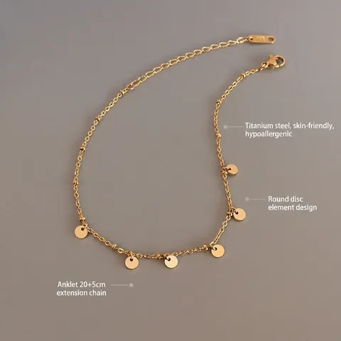 Bracelet de Cheville Minimaliste Titane Plaqué Or 18K Pampilles Disque Rond Chaîne Réglable Bijoux Femme Plage Mariage