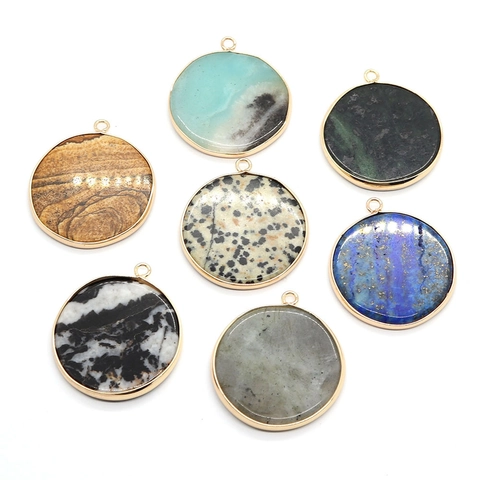 Round Natural Stone Disc Pendant With Gold Plated Alloy Edging DIY Jewelry Making Findings Lapis Lazuli Dalmatian Jasper Charm