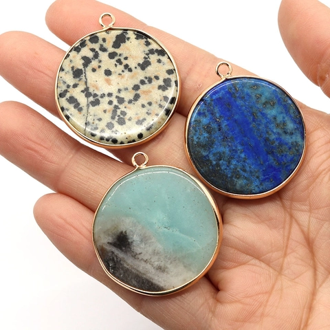 Round Natural Stone Disc Pendant With Gold Plated Alloy Edging DIY Jewelry Making Findings Lapis Lazuli Dalmatian Jasper Charm