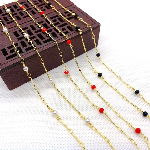 DIY Copper Jewelry Link Chain With Artificial Pearl Faceted Glass Beads Gold Plated Metal Chain For Necklace Bracelet Making