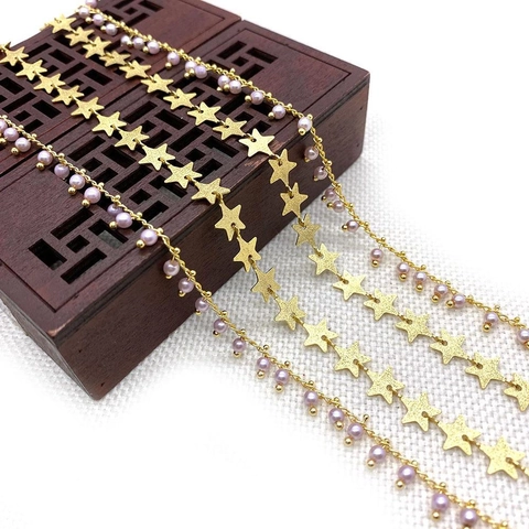 10m Roll DIY Jewelry Making Chain Copper Gold Plated Pentagram Star And Pink Artificial Pearl Beads Chain For Necklace Accessory