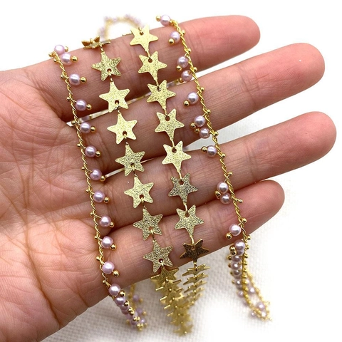 10m Roll DIY Jewelry Making Chain Copper Gold Plated Pentagram Star And Pink Artificial Pearl Beads Chain For Necklace Accessory