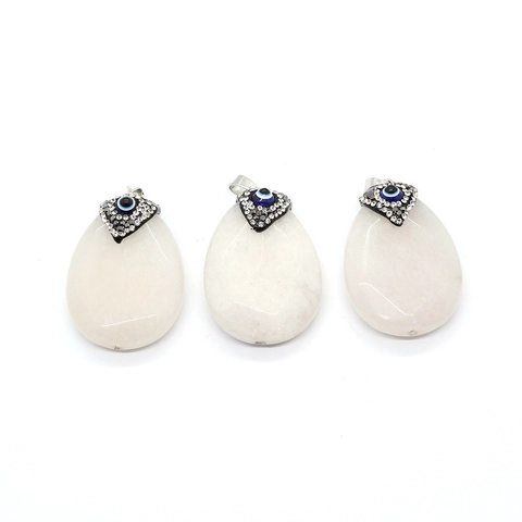 Natural Stone White Jade Pendant Teardrop Oval Shape Evil Eye Rhinestone Inlaid Jewelry Finding For Necklace Making Women Gift