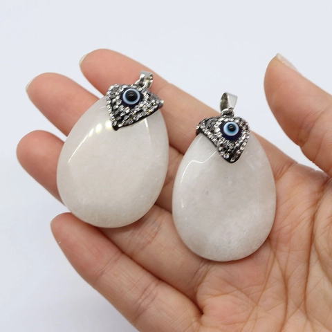 Natural Stone White Jade Pendant Teardrop Oval Shape Evil Eye Rhinestone Inlaid Jewelry Finding For Necklace Making Women Gift