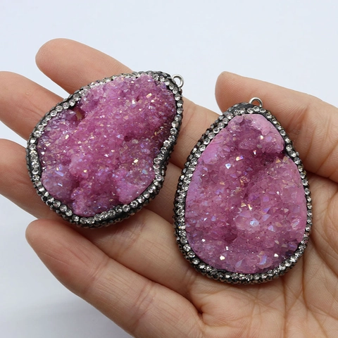 Irregular Druzy Crystal Teardrop Pendant Natural Stone Water Drop Pendant With Rhinestone Edge For DIY Jewelry Making Women