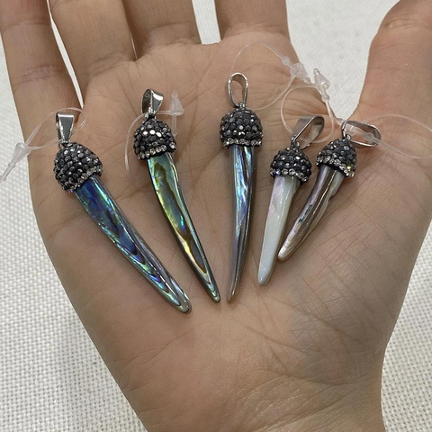 Natürliche Abalone-Muschel Chiliform Horn Anhänger Legierung Strass Kappe Nur Anhänger Ohne Kette Für DIY Halskette Schmuckherstellung