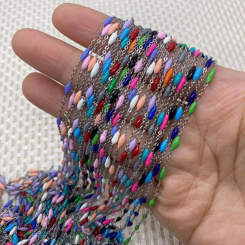 Stainless Steel Colored Enamel Rice Grain Bead Chain Bulk Spool For DIY Necklace Bracelet Jewelry Making Accessories
