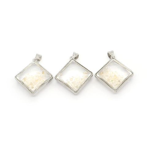 Natural Stone Glass Rhombus Pendant Only Without Chain For DIY Jewelry Making Silver Alloy Frame Clear Yellow Crystal Crushed Stone