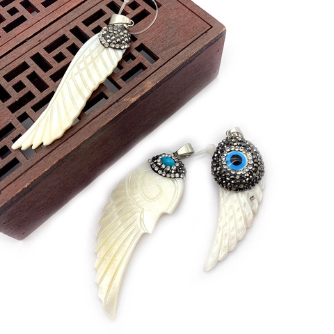 Natural Mother Of Pearl Wing Shaped Rhinestone Inlaid Pendant Shell Feather Evil Eye Charm For DIY Jewelry Making Accessories