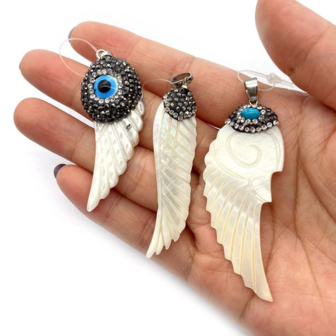 Natural Mother Of Pearl Wing Shaped Rhinestone Inlaid Pendant Shell Feather Evil Eye Charm For DIY Jewelry Making Accessories