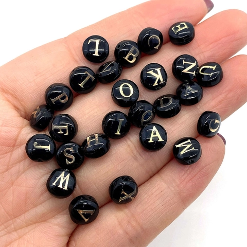Natural Black Sea Shell Round Alphabet Beads Gold Engraved Letters Horizontal Hole Loose Beads For DIY Jewelry Making