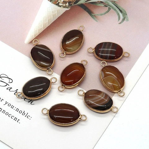 Oval Striped Agate Pendant Connector Gold Edged Natural Stone For DIY Jewelry Making Necklaces Earrings Jewelry Findings