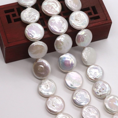 Natural White Freshwater Pearl Beads Coin Button Shape Polished Iridescent Baroque Loose Beads For DIY Jewelry Making