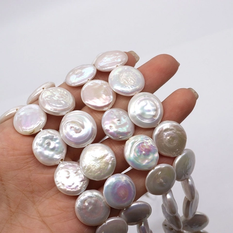 Natural White Freshwater Pearl Beads Coin Button Shape Polished Iridescent Baroque Loose Beads For DIY Jewelry Making