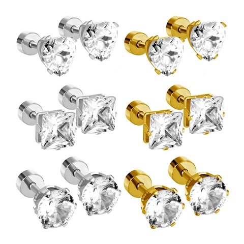 Boucles d'Oreilles Clous Minimalistes en Acier Inoxydable et Zirconia pour Femmes Hommes Coeur Carré Rond Piercing Bijoux