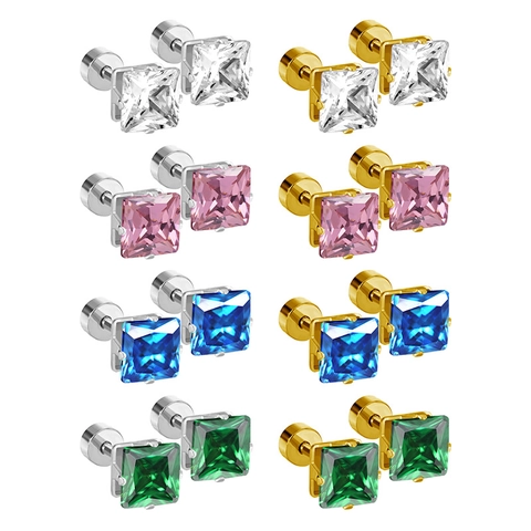 Boucles d'Oreilles Clous Minimalistes en Acier Inoxydable et Zirconia pour Femmes Hommes Coeur Carré Rond Piercing Bijoux