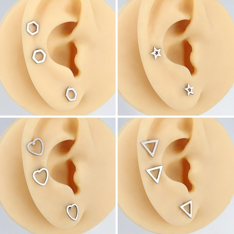 Stainless Steel Geometric Stud Earrings Hexagon Star Heart Triangle Design Screw Back Hypoallergenic Unisex Ear Jewelry