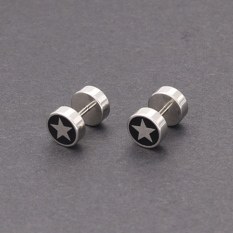 Pendientes de Botón de Mancuerna de Acero Inoxidable Hip Hop Estilo Punk Esmalte Negro Patrón de Estrella Joyas Para Hombre Mujer