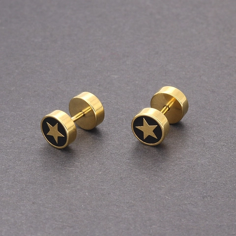 Pendientes de Botón de Mancuerna de Acero Inoxidable Hip Hop Estilo Punk Esmalte Negro Patrón de Estrella Joyas Para Hombre Mujer