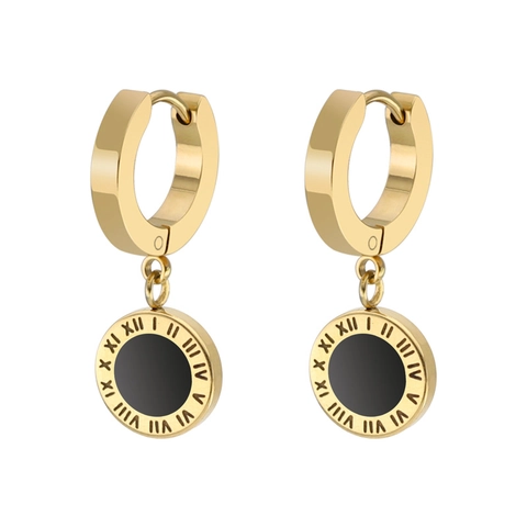 Pendientes de Aro con Colgante Redondo de Acero Inoxidable Números Romanos Incrustación Negra Joyería Minimalista Oro Rosa