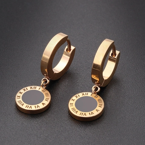 Pendientes de Aro con Colgante Redondo de Acero Inoxidable Números Romanos Incrustación Negra Joyería Minimalista Oro Rosa