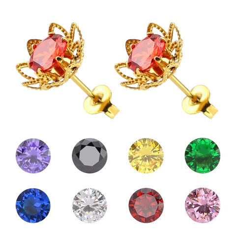 Boucles d'Oreilles Clous en Acier Titane Fleur de Rose Creuse et Zirconia pour Femmes Boucles d'Oreilles Rondes à Gemmes Colorées