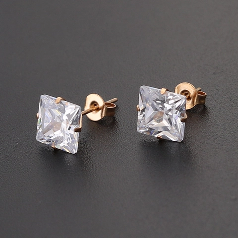 Pendientes de Botón de Acero Inoxidable Cuadrados Corte Princesa AAA Zirconia Cúbica Cuatro Garras Joyas Para Mujer