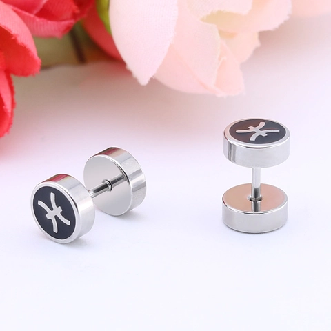 Pendientes de Botón con Signo del Zodíaco de Acero de Titanio Minimalistas Redondos de Esmalte Negro para Hombre Mujer