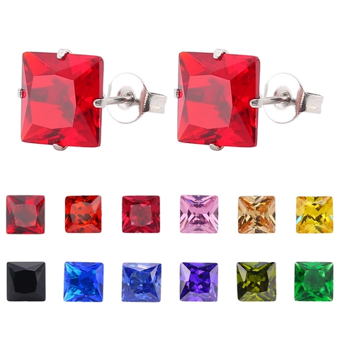 Pendientes de Botón de Circonia Cuadrados Acero Inoxidable de Titanio Corte Princesa Multicolor Incrustación de Cuatro Garras Joyería para Mujer