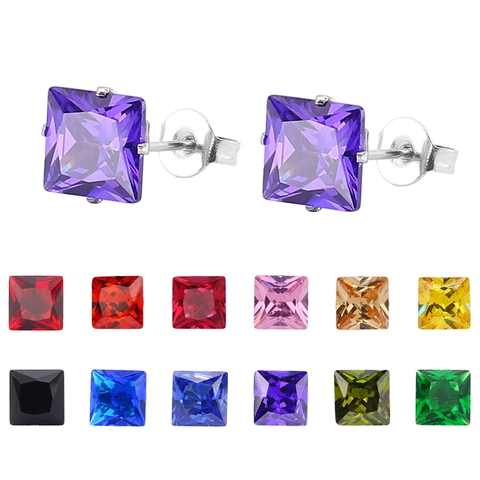 Boucles d'Oreilles Clous en Acier Inoxydable Zirconia Taille Princesse Carrée Sertissage à Quatre Griffes Bijoux Femmes