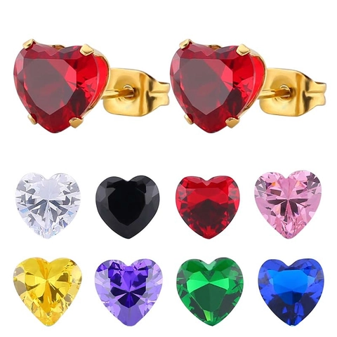 Minimalist Heart Zirconia Stud Earrings AAA Colorful Heart Cut Zircon Titanium Steel Earrings For Women Fashion Jewelry