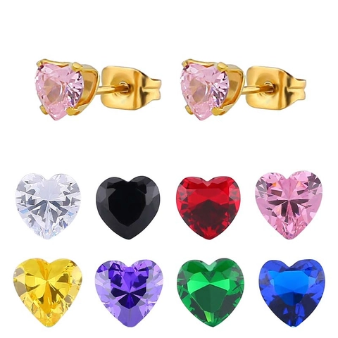 Boucles d'Oreilles Clous Cœur en Acier Titane Minimaliste Mode Zirconia Coloré Incrusté Clous d'Oreilles Cœur Unisexe