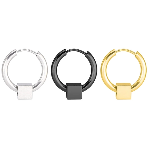 Pendientes de Aro de Acero Inoxidable Minimalistas Con Colgante de Cubo para Hombre Mujer Joyería de Acero de Titanio